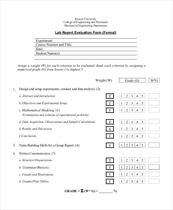 lab report evaluation form