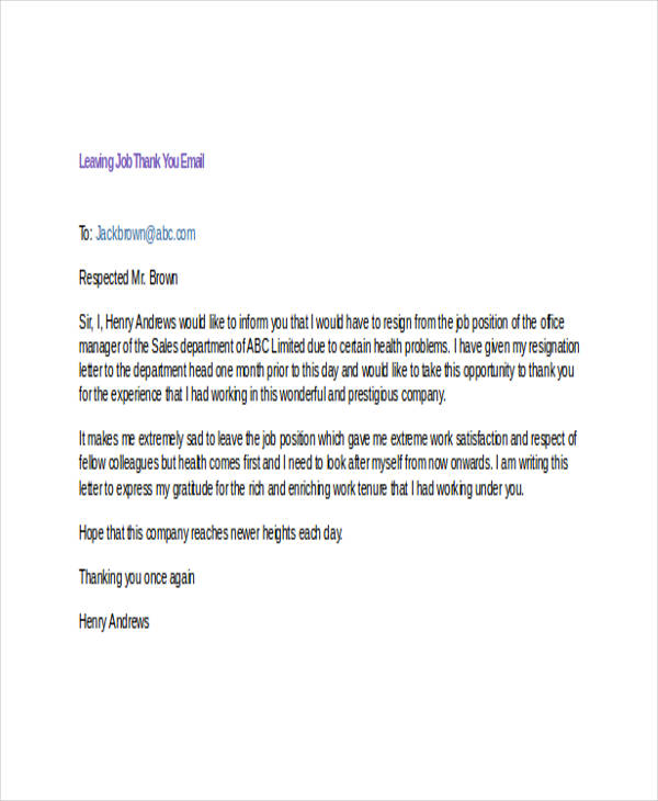 letter leaving thank you job Samples You & Examples 18 Email Examples  Thank