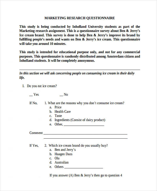 market survey questionnaire for product
