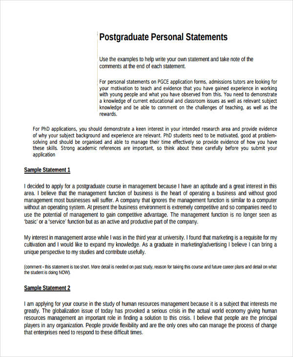 examples of personal statement marketing