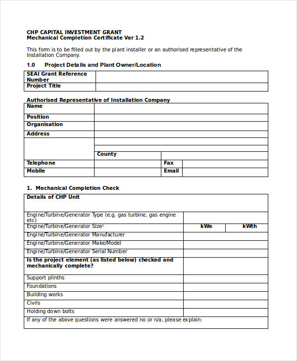 Mechanical Completion Certificate In Doc