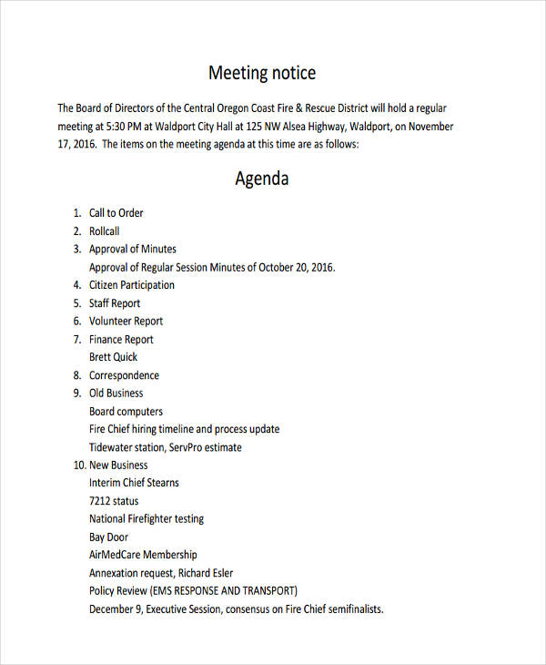 Sample Of Meeting Notice And Agenda sloppyploaty