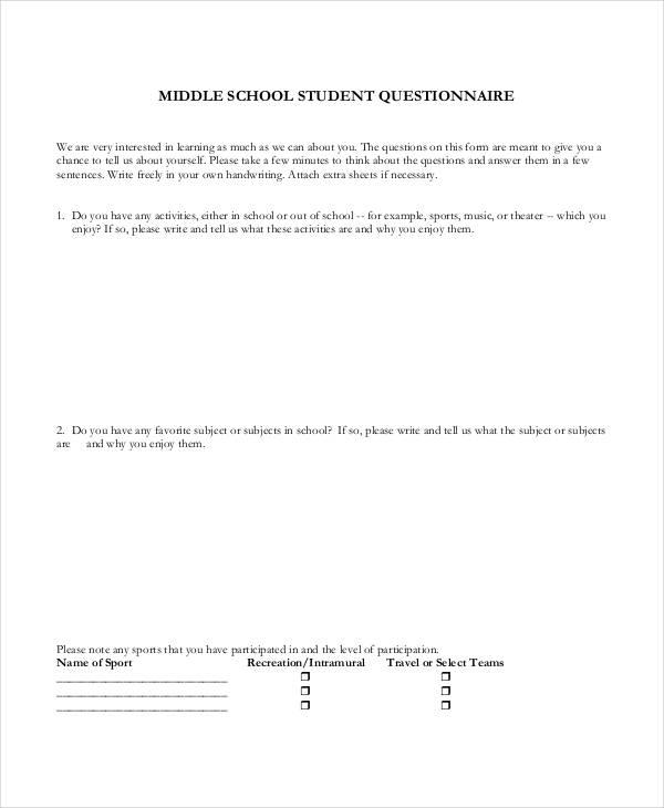 middle school student questionnaire