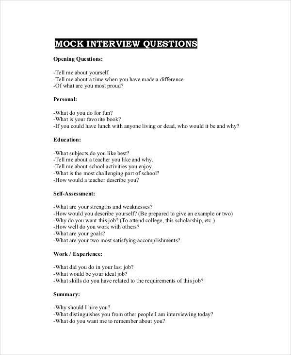 mock interview questionnaire