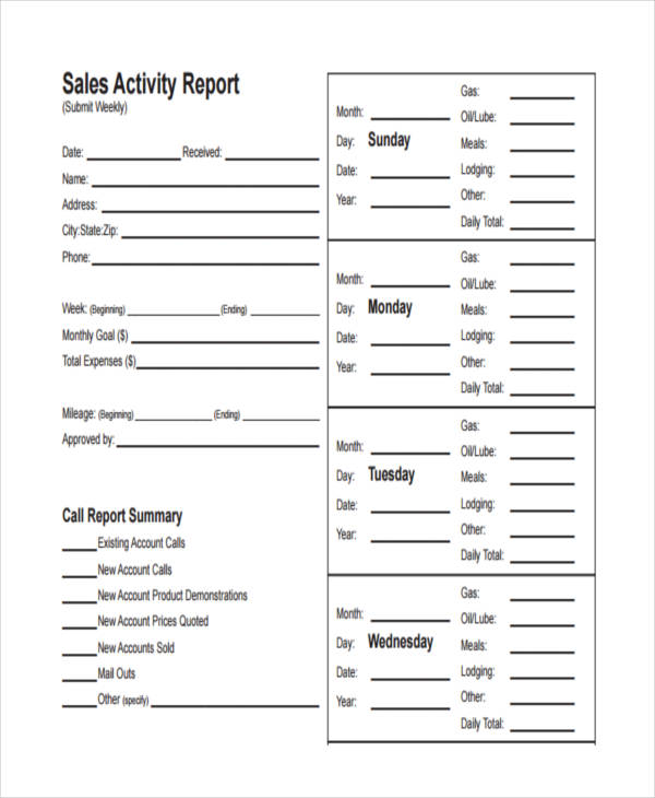 monthly sales activity report