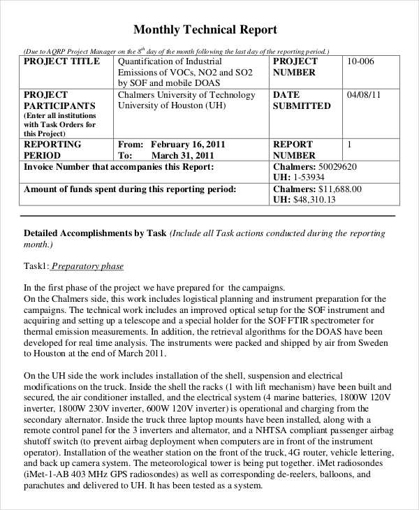 Monthly Technical Sample Report