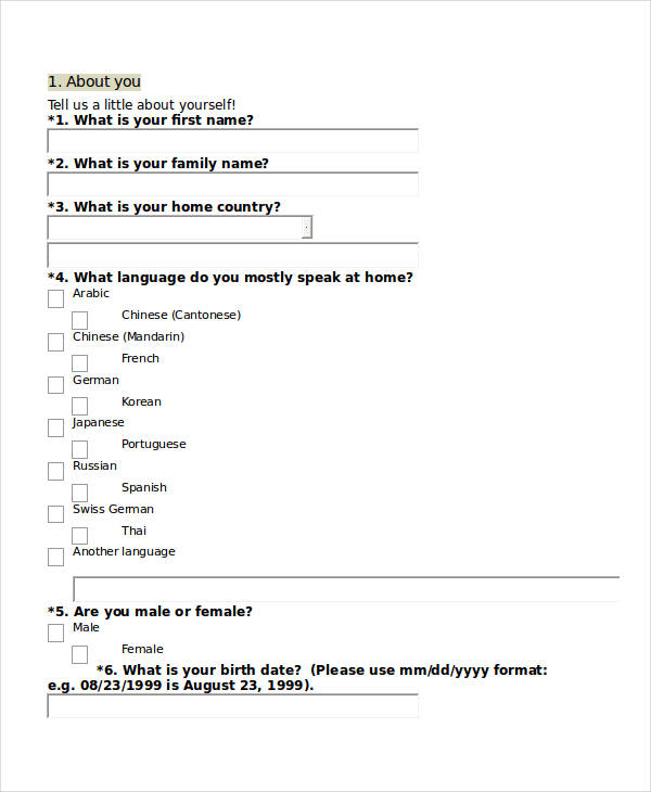 new student survey questionnaire