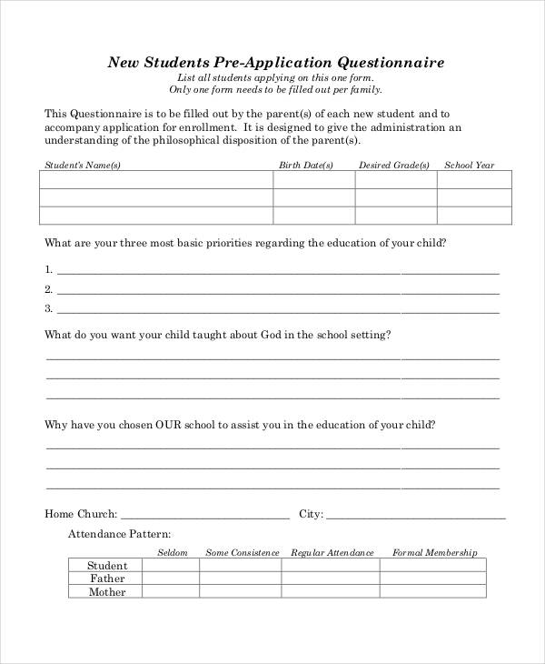 new students pre application questionnaire