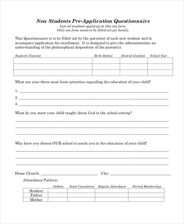 New Students Pre Application Questionnaire