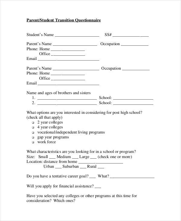 parent student questionnaire