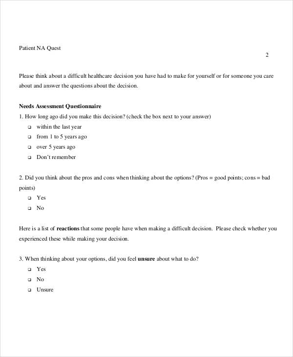 patient needs assessment questionnaire