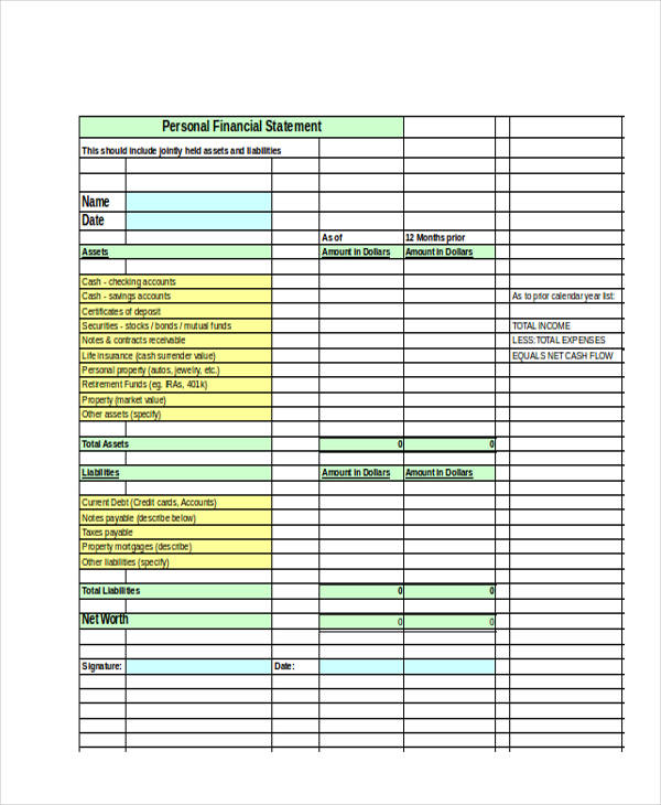 Personal Financial Statement Template Excel Database