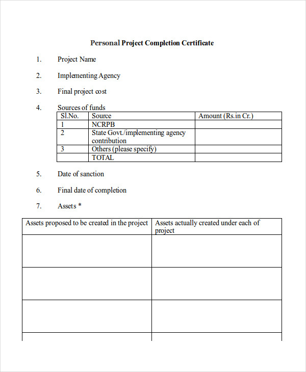 personal project completion certificate sample