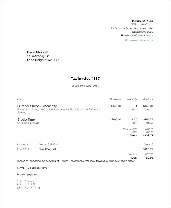 free 12 photography invoice examples  samples in google