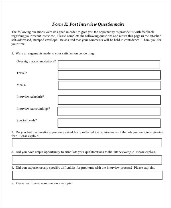post interview questionnaire sample
