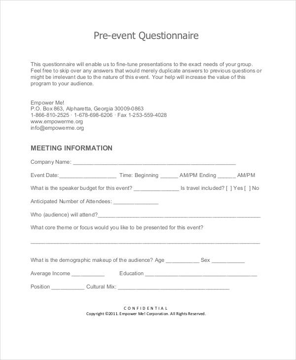 pre event survey questionnaire