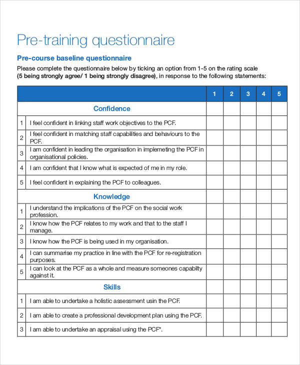 pre training survey questionnaire