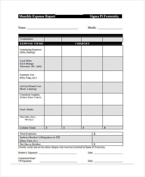 printable monthly expense report