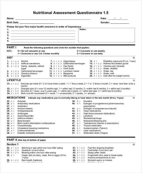 printable nutritional assessment questionnaire