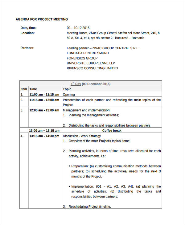 Project Meeting Agenda Template Example