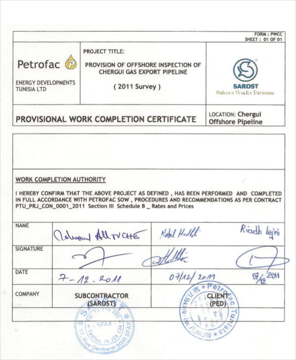 provisional work completion certificate