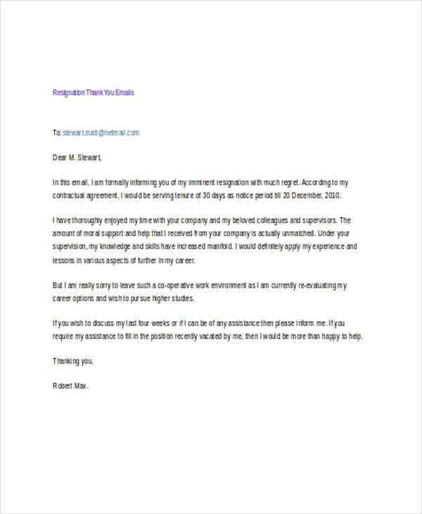 resignation thank you email example