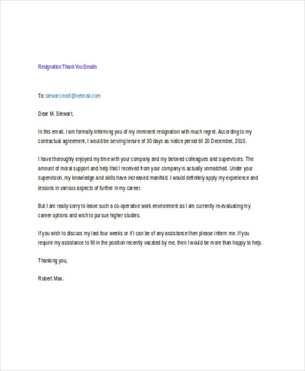 Sample Letter Of Resignation Email