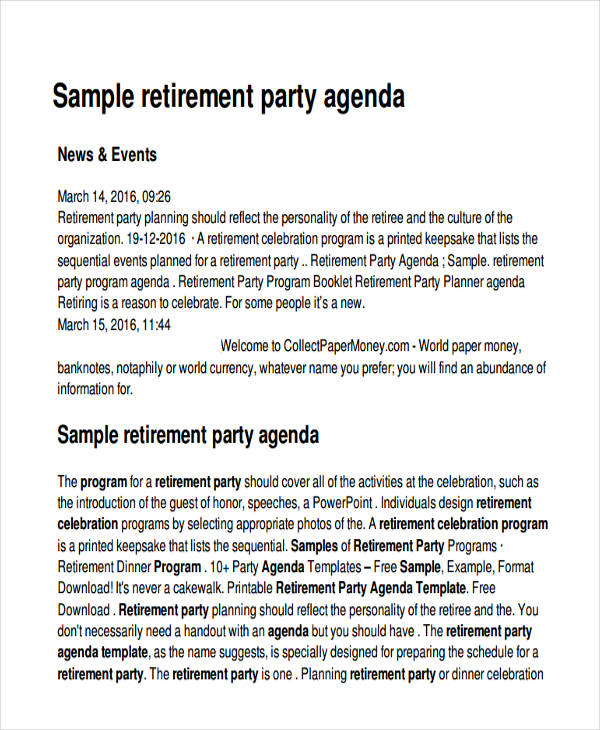 Retirement Party Agenda Sample