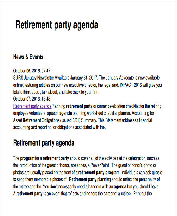 Retirement Party Planning Agenda