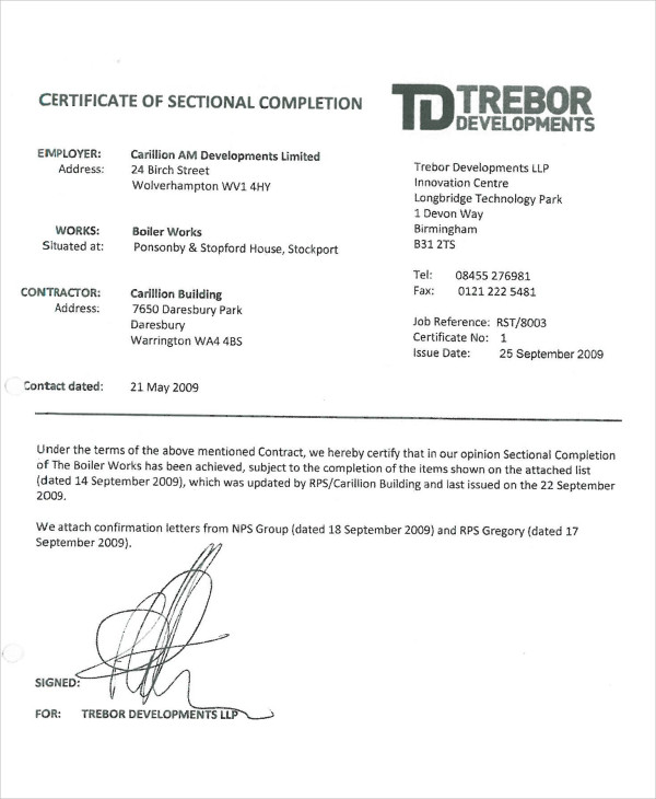 sectional completion certificate