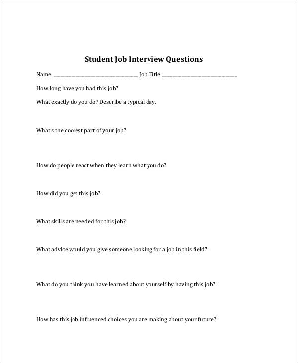 student job interview questionnaire