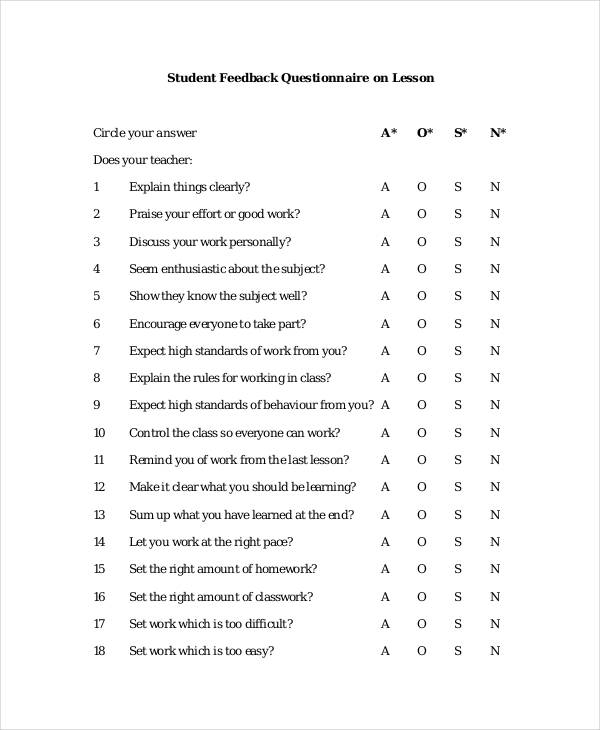student lesson feedback questionnaire