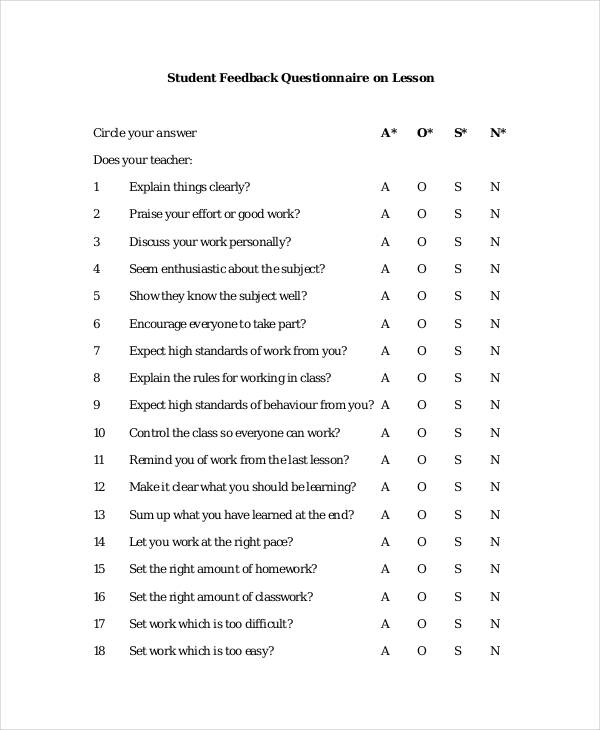 Student Lesson Feedback Questionnaire