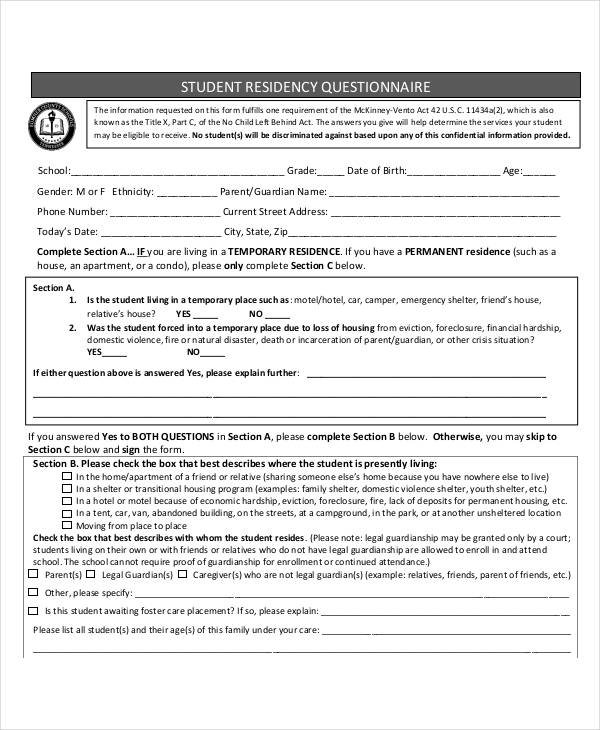 student residency questionnaire