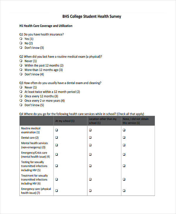 student health survey questionnaire