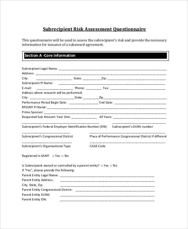 Subrecipient Risk Assessment Questionnaire