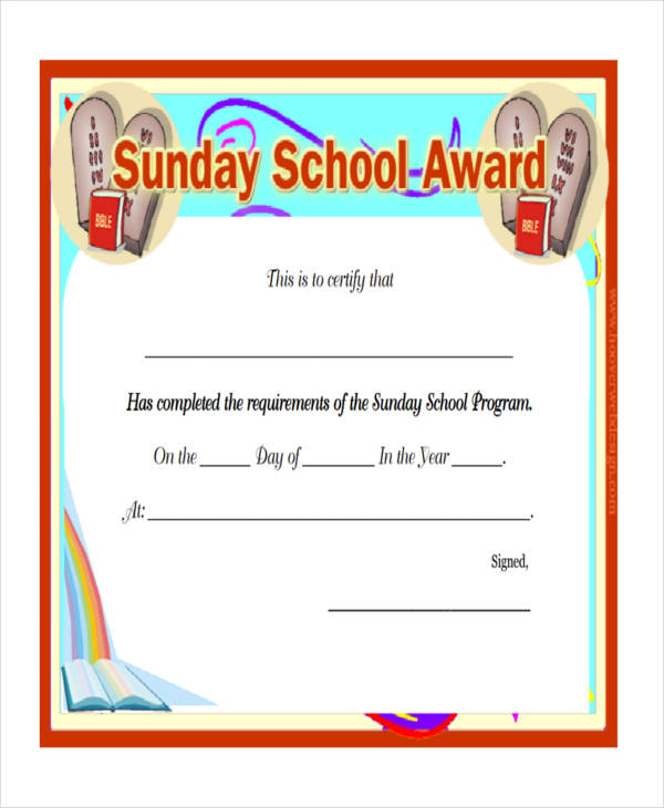 sunday school award certificate