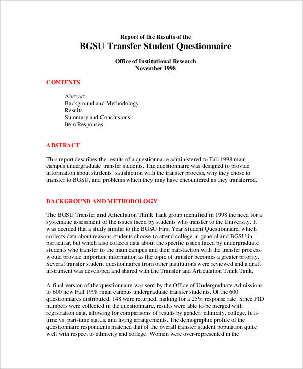 transfer student questionnaire sample
