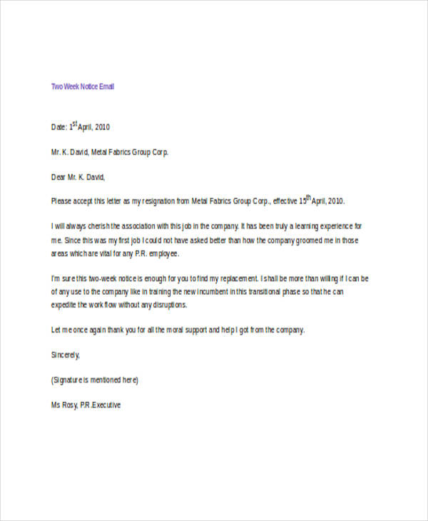 week letter thank 2 you notice Examples Email   Resignation DOC  Examples 21