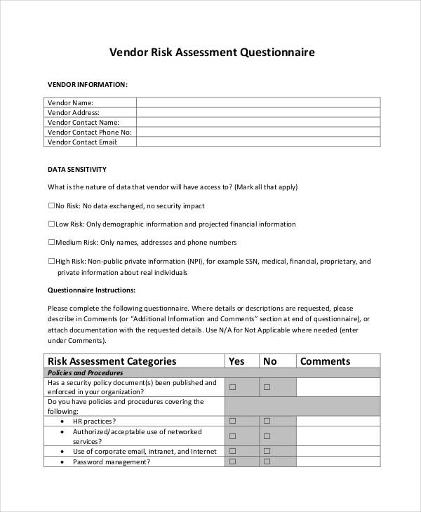 vendor risk assessment questionnaire
