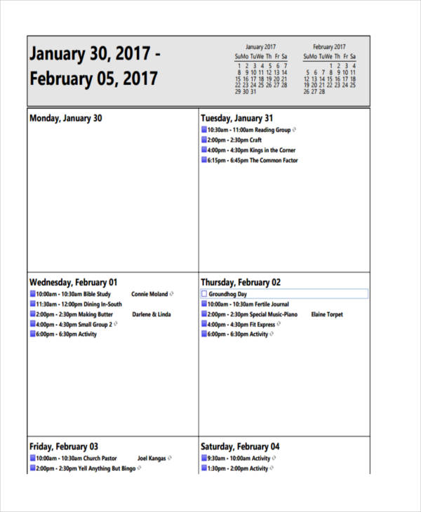 weekly agenda calendar