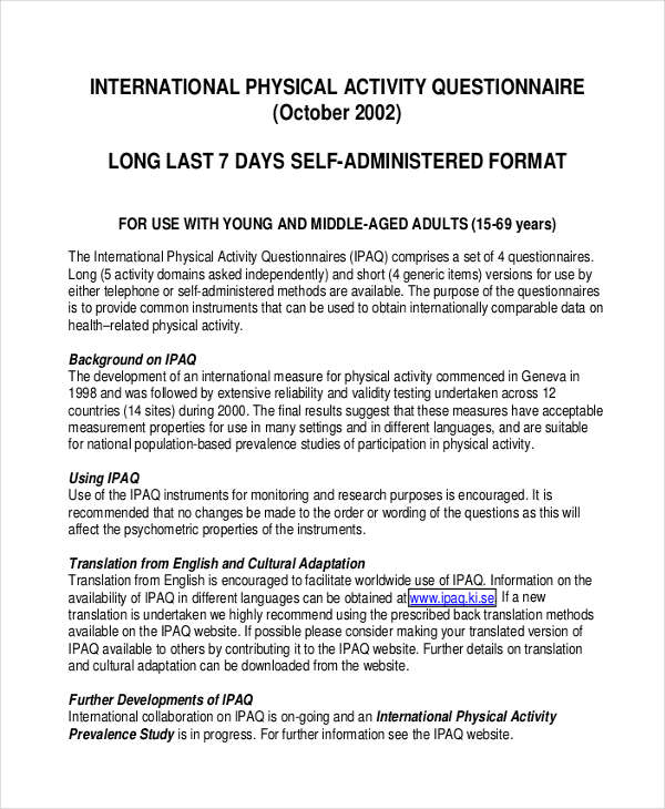 FREE 8+ Physical Activity Questionnaire Examples & Samples in PDF Examples