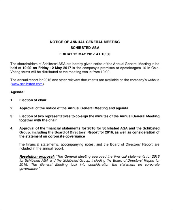 Notice Of Annual Meeting Of Shareholders Template
