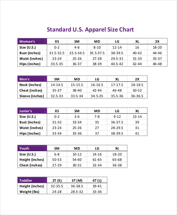 apparel size chart