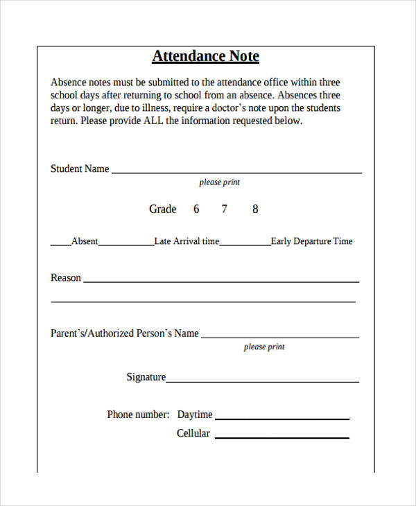 attendance note sample