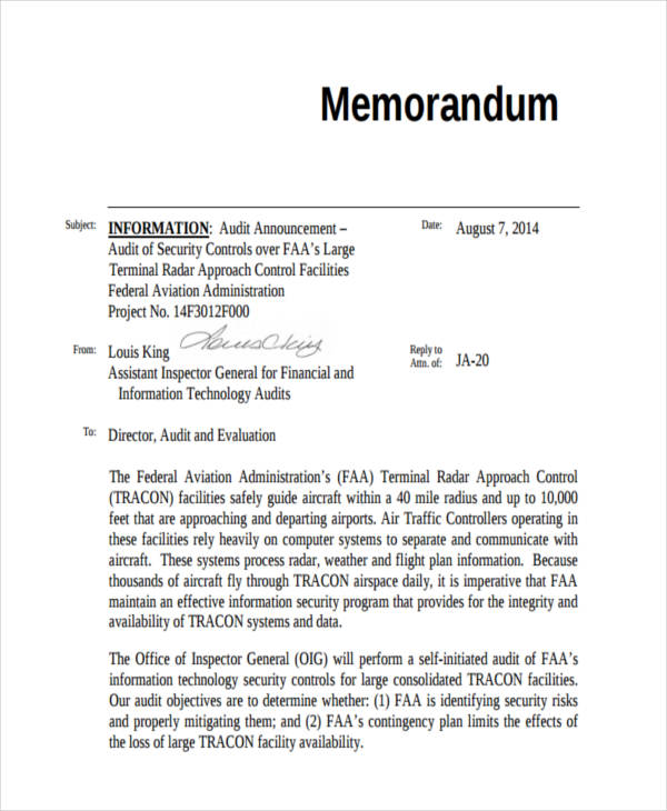 Audit Announcement Memo Sample1