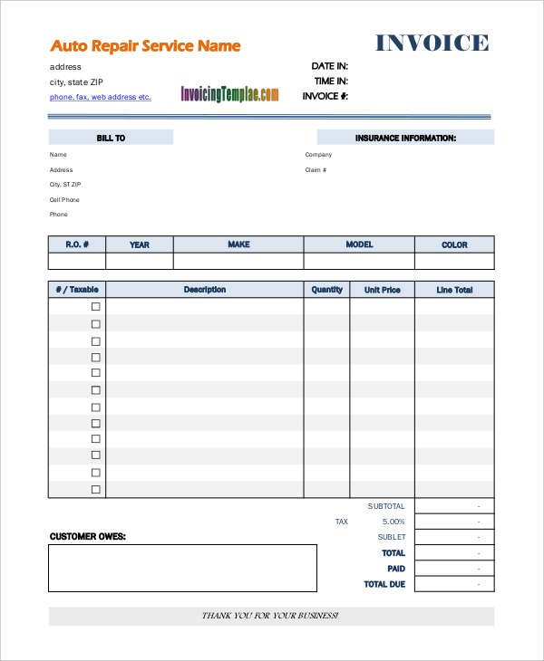 Downloadable Free Printable Auto Repair Invoice Template