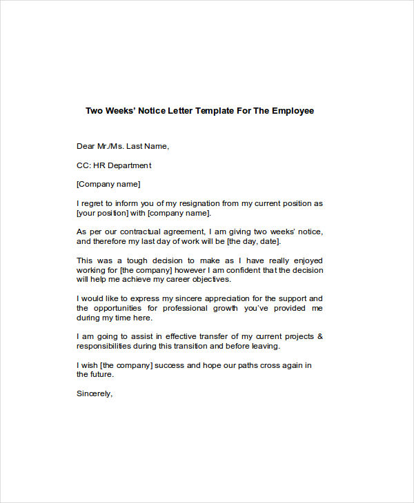 Two Weeks Notice 6+ Examples, Format, Pdf Examples