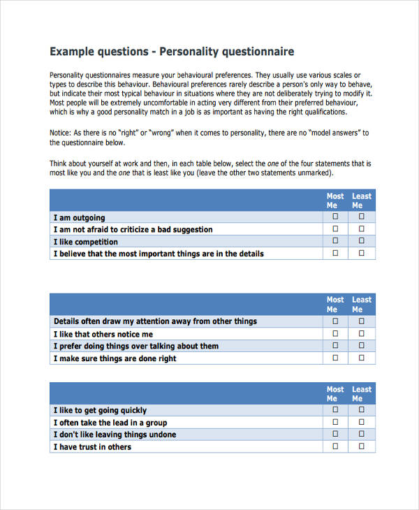 phd personality questionnaire