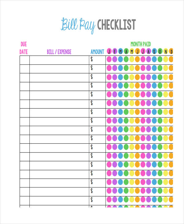 bill pay checklist sample